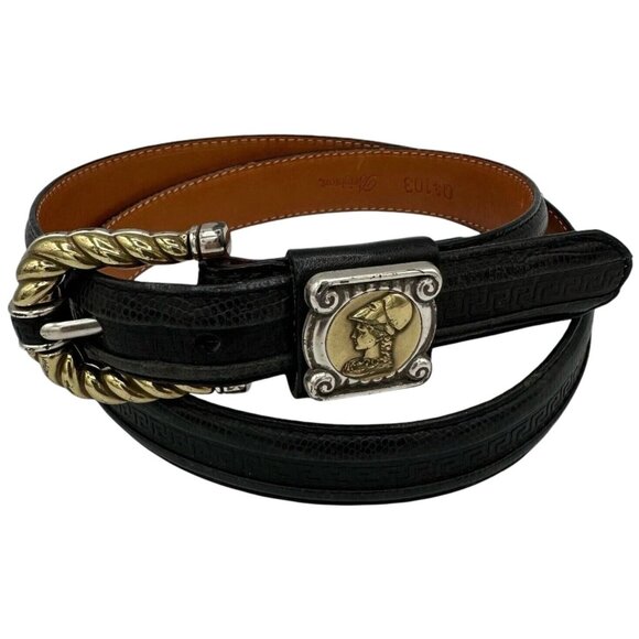 Brighton Hellenistic/Greek Black Leather Belt Sz L/ 34 Silver Gold Tone Buckle - Picture 1 of 6